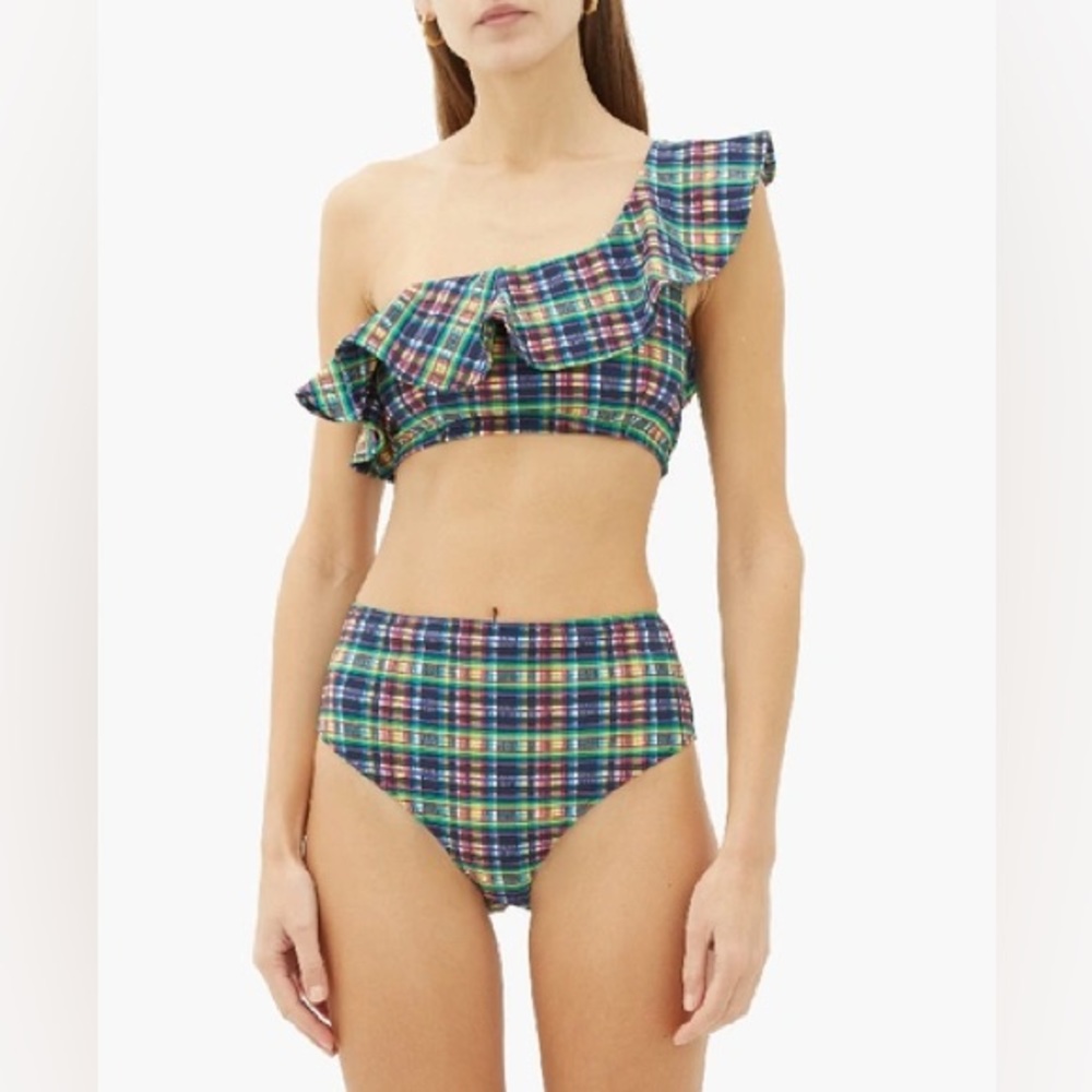 Ganni Ruffled One Shoulder Checkered Seersucker Bikini Top